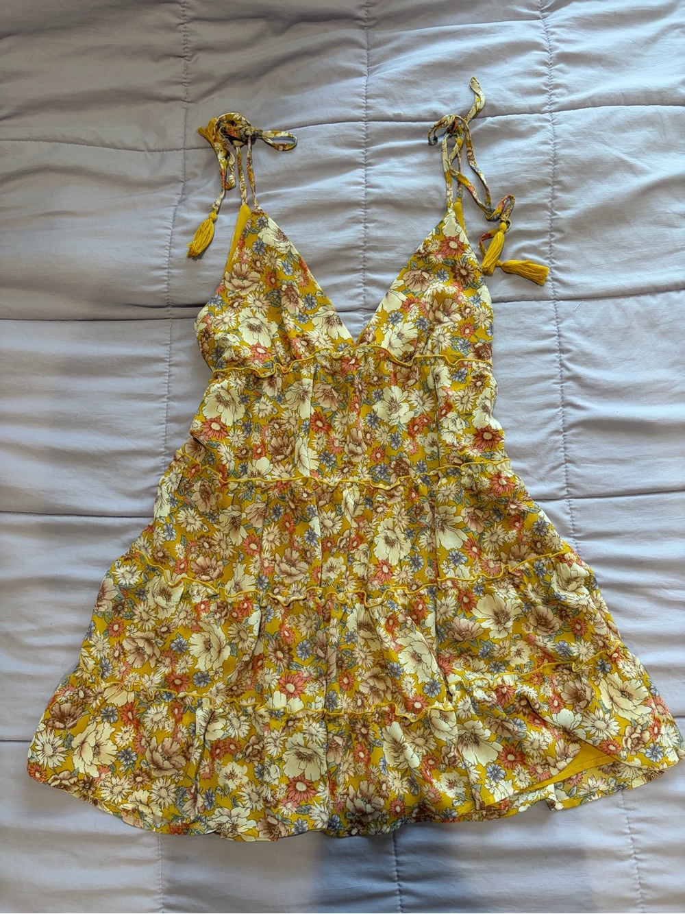 Yellow Floral Tiered Sundress with Tassel Straps forever 21 medium